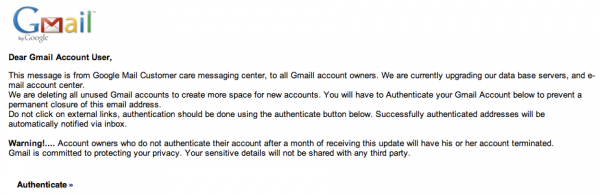 Gmail Phising scam email