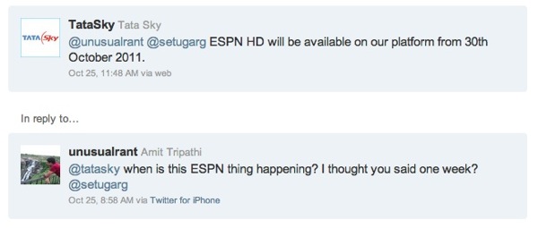 TataSky ESPN HD Tweet